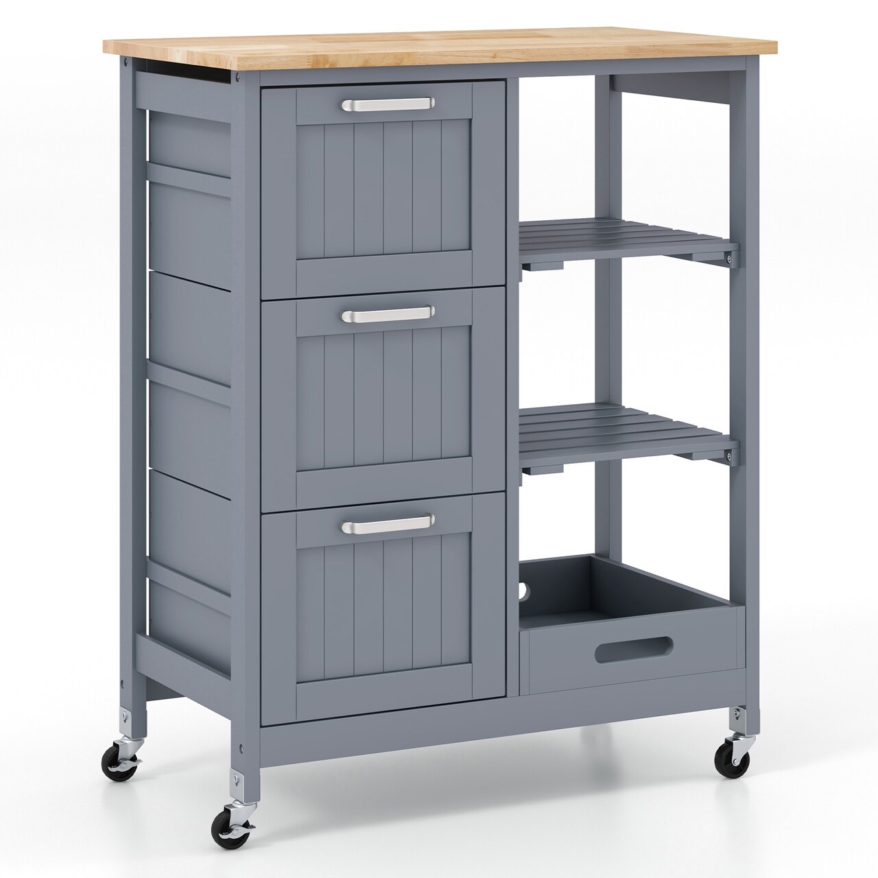 Rubber Wood Top Kitchen Island Cart with 3 Drawers, Open Shelves, Removable Tray & Lockable Rolling Wheels